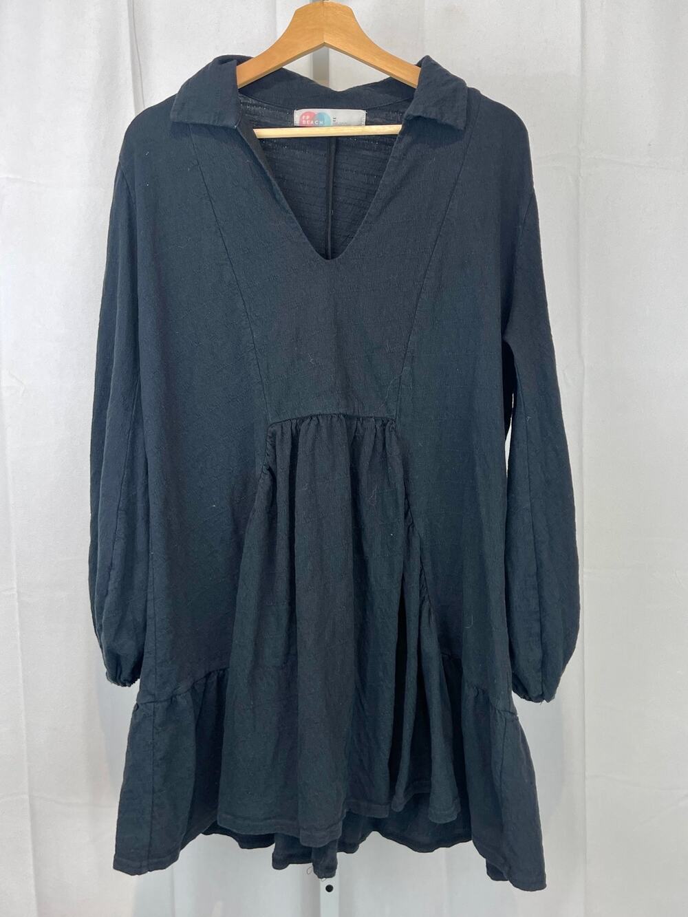 FREE PEOPLE FP Beach Johnny Collar Popover Mini Dress Long Sleeve Black Size M